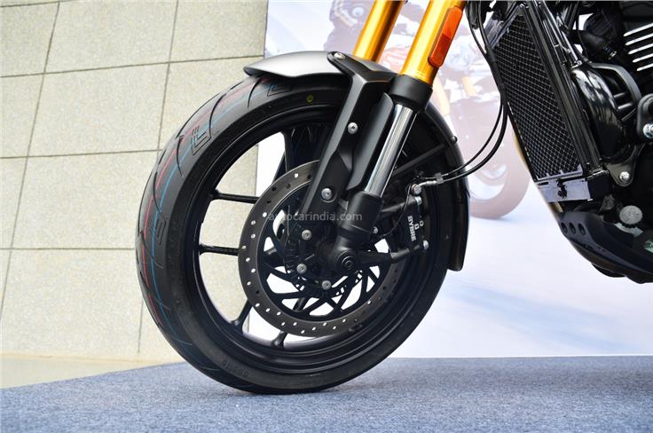 The India-spec bike runs on either Apollo Alpha H1 tyres or MRF Steel Brace units. 